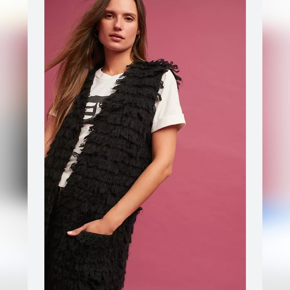 Anthropologie Harlyn Vera Textured Cardigan Vest Black Fuzzy NWT Small S